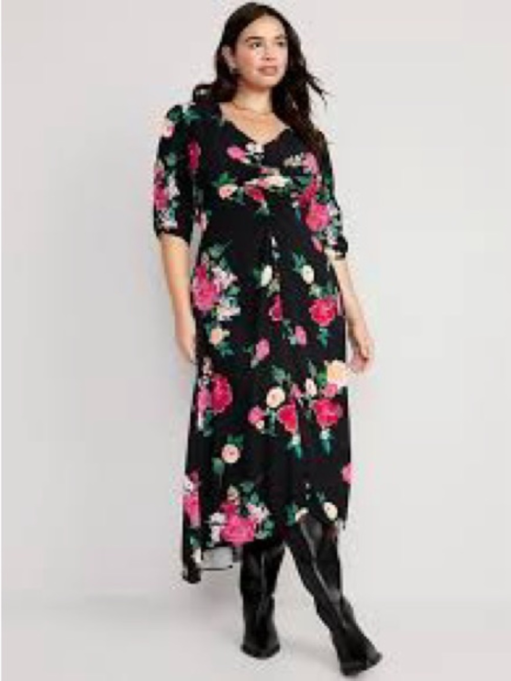 Old Navy Black Floral Maxi Dress with Pink and Green Accents